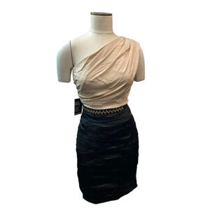 One-Shoulder Beige and Black Cocktail Dress with Embellished Waist